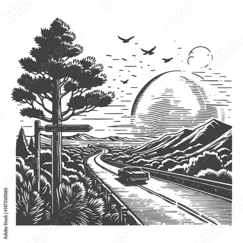 Vintage Hand-Drawn Road Trip at Sunset Illustration – Travel Adventure Engraved Style Vector for T-Shirts, Posters, Stickers, and Road Trip Themes Apparel