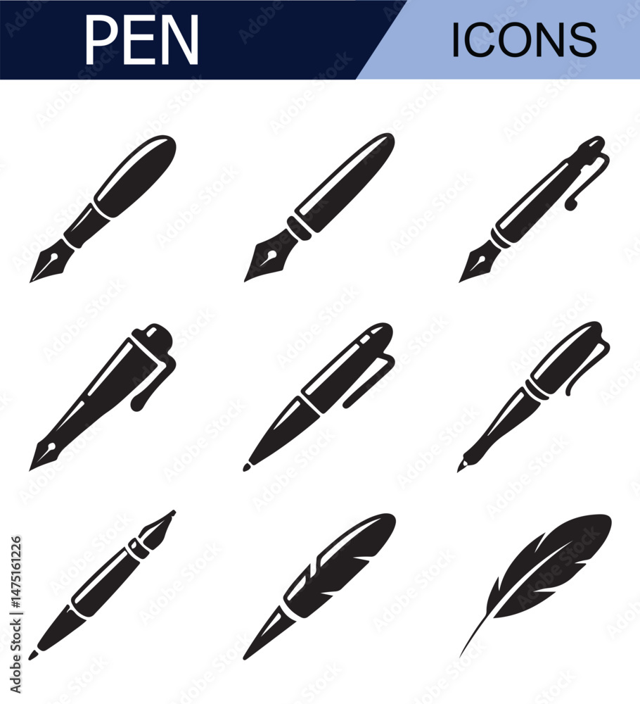 Set of black pen icons with different nib designs, ideal for representing writing, education, and office supplies in minimalist black and white style. Set of black pen icons with different nib designs, ideal for representing writing, education, and office supplies in minimalist black and white style.