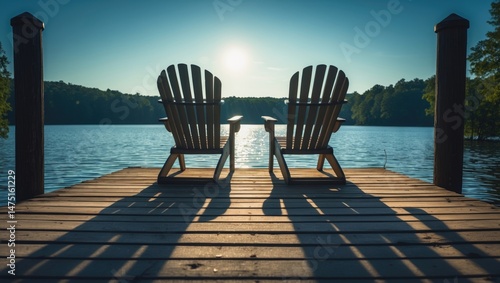 With the dawn breaking, a pair of vacant Adirondack chairs are placed tranquilly on a dock by the lake. The soft light of morning draws out long shadows on the weather-beaten wooden pier.