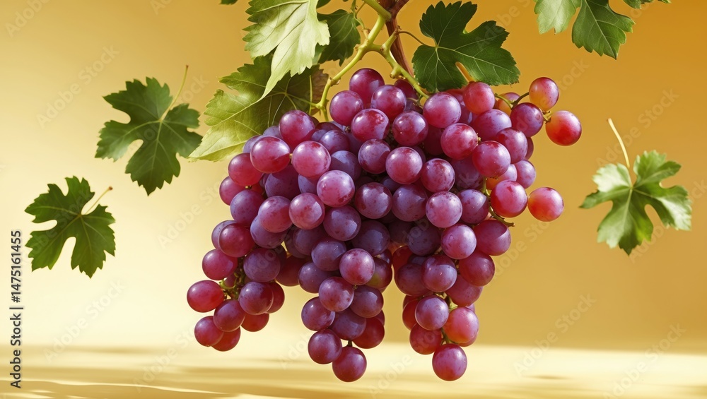 Obraz premium Succulent ripe grapes with leaves drifting in the air isolated on a backdrop