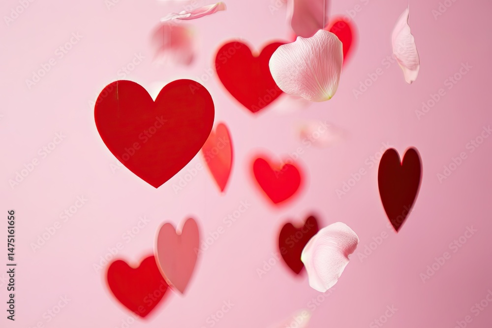 Obraz premium Floating red hearts and petal fragments against a pastel pink background creating romance