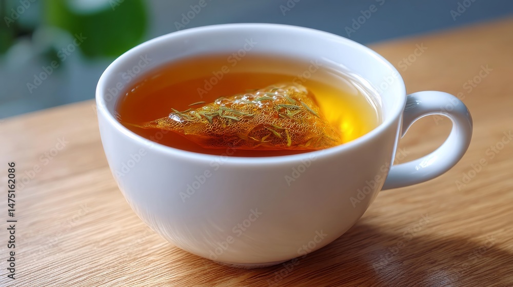 Tea Bag Steeping in Hot Water Creating Elegant Fluid Shapes in White Cup on Wooden Surface Tea Bag Steeping in Hot Water Creating Elegant Fluid Shapes in White Cup on Wooden Surface