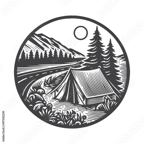 Vintage Hand-Drawn Road Trip with Tent Illustration – Travel Adventure Engraved Style Vector for T-Shirts, Posters, Stickers, and Road Trip Themes Apparel