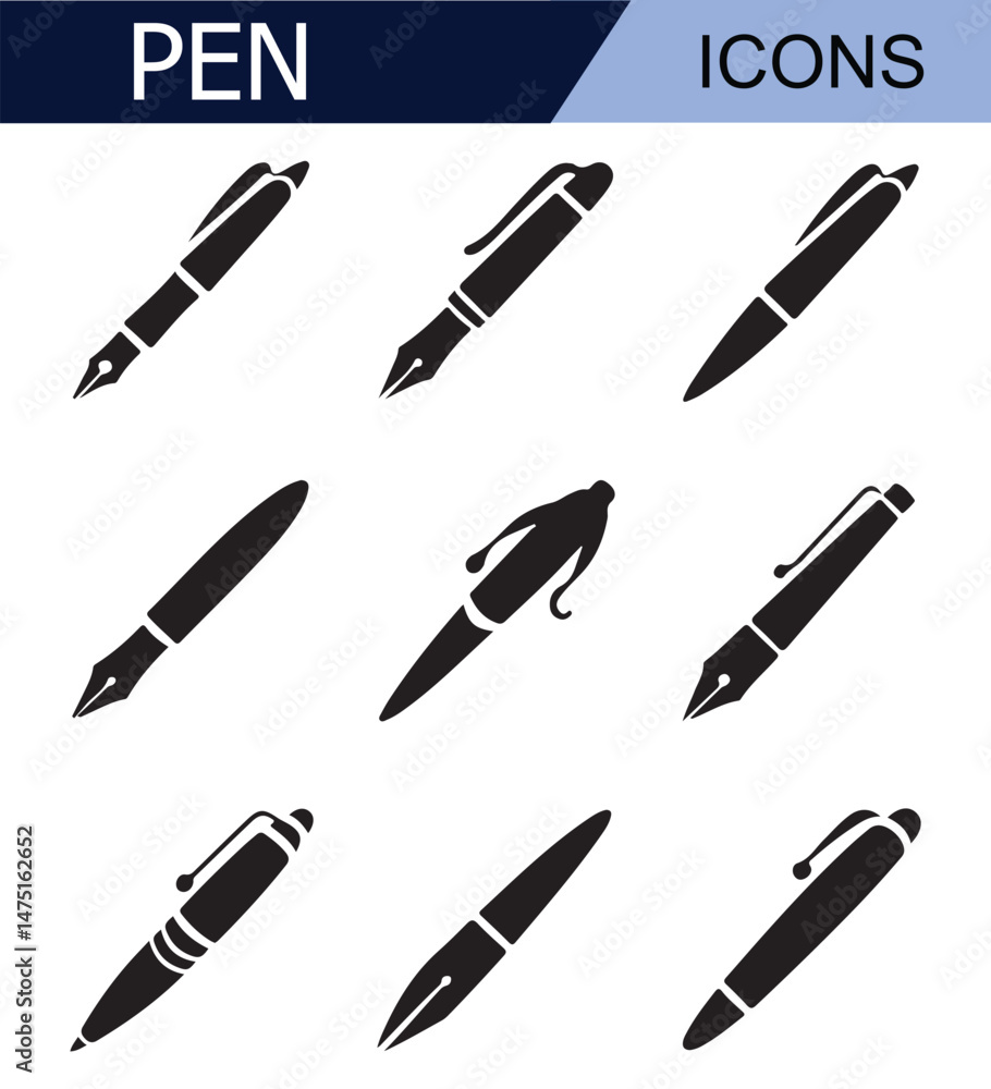 Set of black pen icons with different nib designs, ideal for representing writing, education, and office supplies in minimalist black and white style. Set of black pen icons with different nib designs, ideal for representing writing, education, and office supplies in minimalist black and white style.