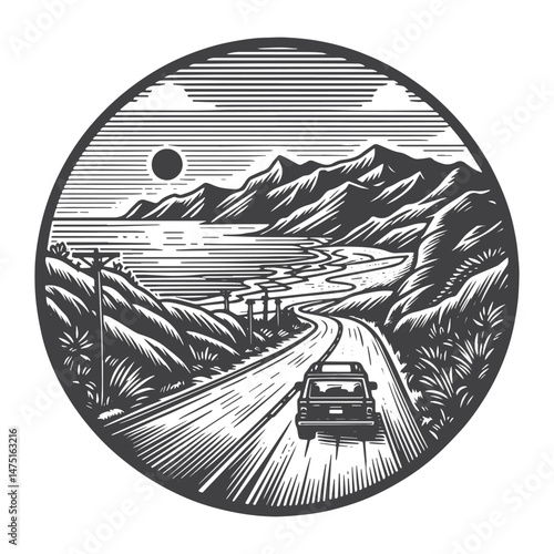 Vintage Hand-Drawn Road Trip on Coastal Road Illustration – Travel Adventure Engraved Style Vector for T-Shirts, Posters, Stickers, and Road Trip Themes Apparel
