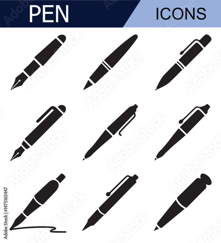 Set of black pen icons with different nib designs, ideal for representing writing, education, and office supplies in minimalist black and white style.