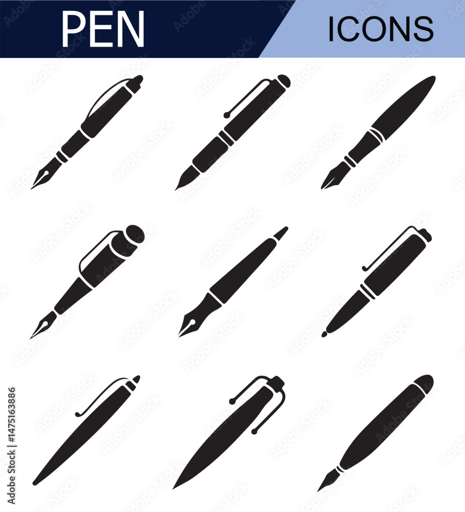 Set of black pen icons with different nib designs, ideal for representing writing, education, and office supplies in minimalist black and white style. Set of black pen icons with different nib designs, ideal for representing writing, education, and office supplies in minimalist black and white style.