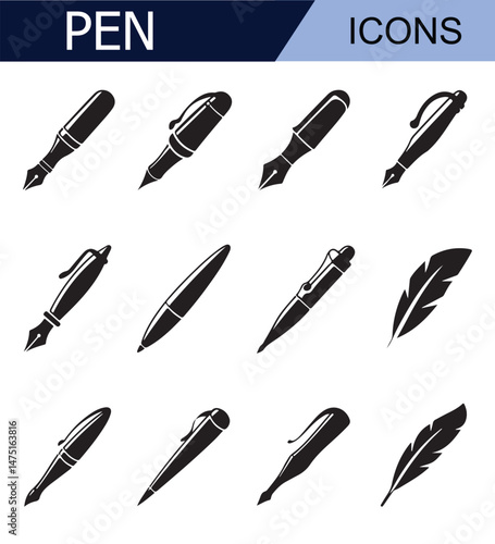 Set of black pen icons with different nib designs, ideal for representing writing, education, and office supplies in minimalist black and white style.