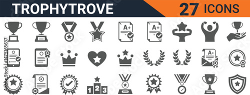  Award and Achievement Icons Set for Trophies, Medals, Certificates, Badges, Crowns, and Academic Success. Editable Stroke, Change to Any Size and Any Color