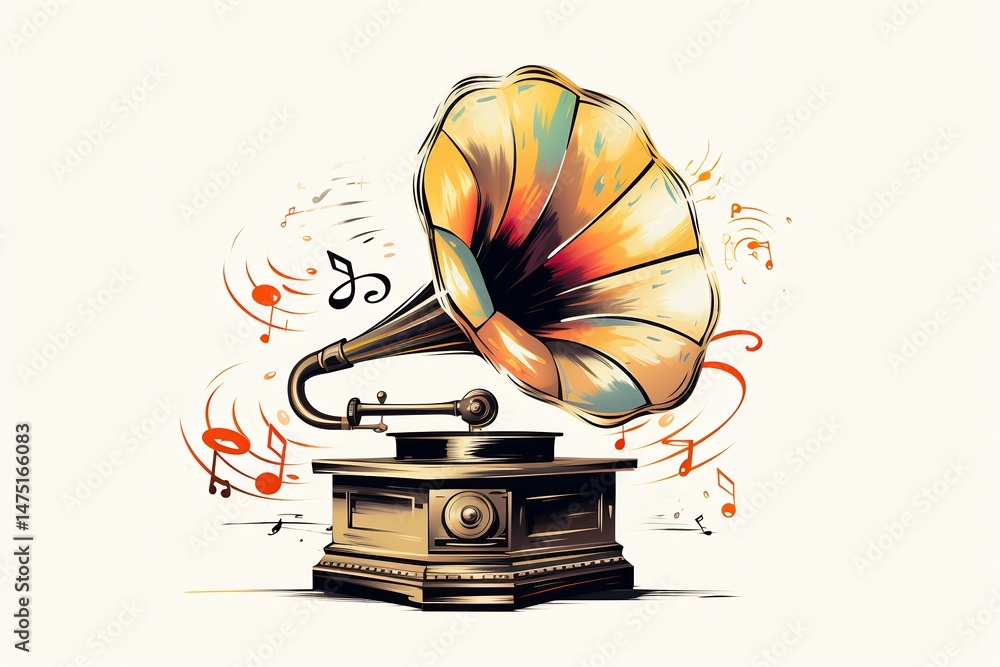 Fototapeta premium Stylized vintage phonograph emitting musical notes on a clean background
