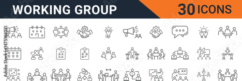 Working Group Icon Set for Team Collaboration, Meetings, Planning, Brainstorming, and Project Management. Editable Stroke, Change to Any Size and Any Color.