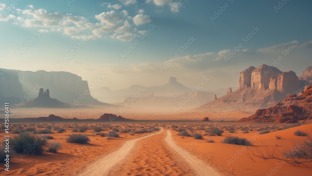 Fototapeta premium National park outdoor environment showcasing orange sand, haze, and clouds in a desert landscape for offroad travel