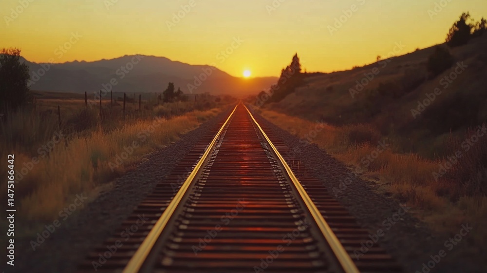 Fototapeta premium A long stretch of railway tracks disappearing into the horizon at sunset, with warm orange hues reflecting off the rails, symbolizing travel, adventure, and endless possibilities.