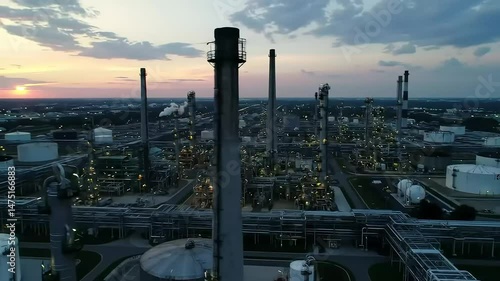 Industrial oil refinery at dusk with lights on