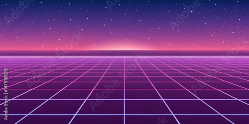 Retro synthwave landscape featuring a purple grid horizon and stars in the night sky beautiful backdrop