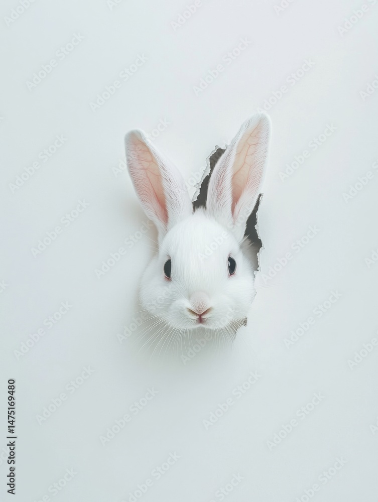 Fototapeta premium Cute white bunny peeking through a hole in white paper studio shot close up adorable animal Easter concept