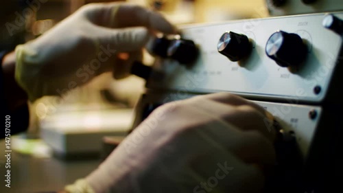 Scientist Adjusting Knobs on Laboratory Equipment