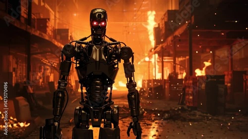 A highly advanced robot walking through fire in a warehouse