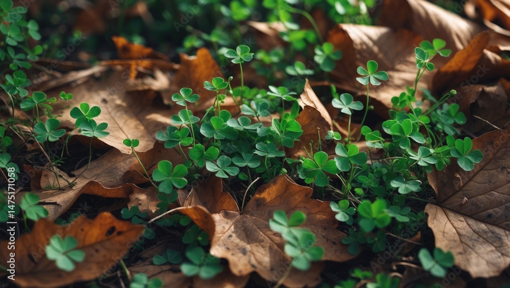 Small fresh green shamrock leaves sprouting through old brown autumn foliage in a natural setting Small fresh green shamrock leaves sprouting through old brown autumn foliage in a natural setting