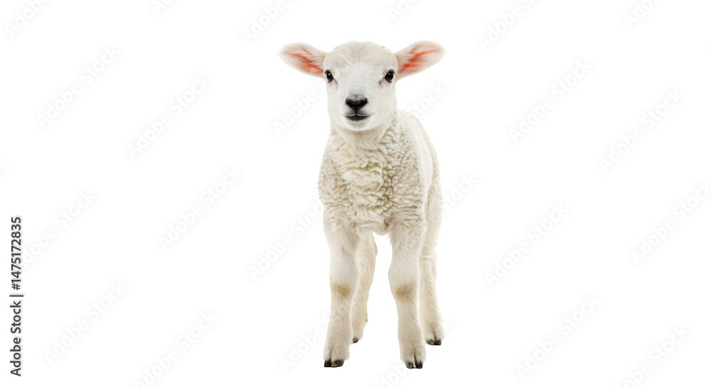 Obraz premium Cute Baby Lamb Standing on white background, Young White Lamb on white background, Baby Lamb Close-Up on white background