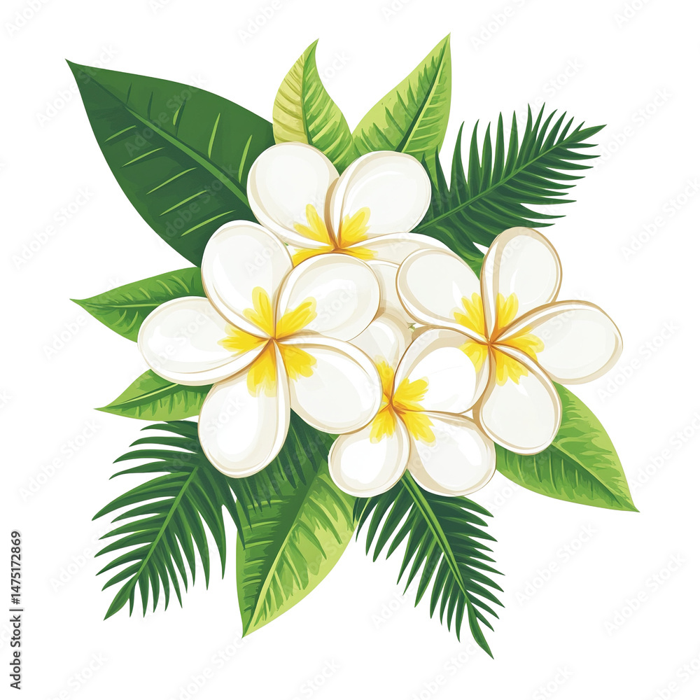 Obraz premium Elegant floral composition of plumeria blossoms amidst vibrant green foliage on black background