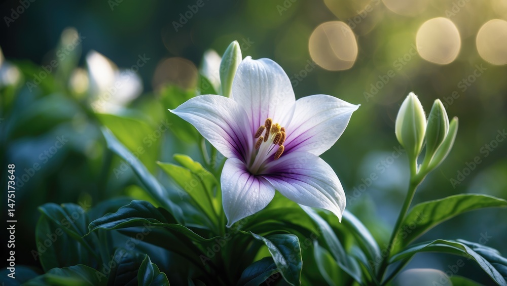 Fototapeta premium Decorative Dimorphotheca eclonis with white and purple blossoms on a vibrant green backdrop, perfect for wallpaper