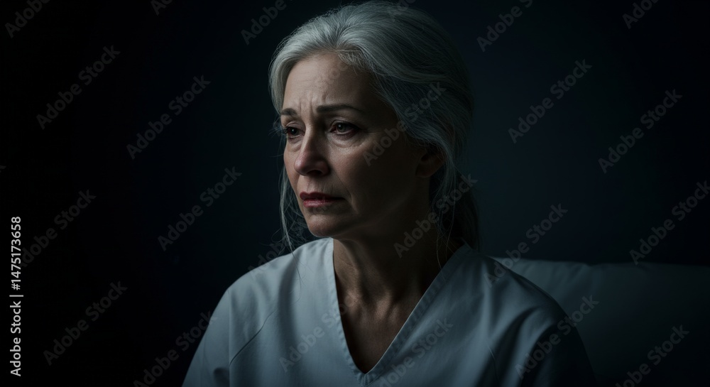 Naklejka premium Older woman in white clothes with sad expression