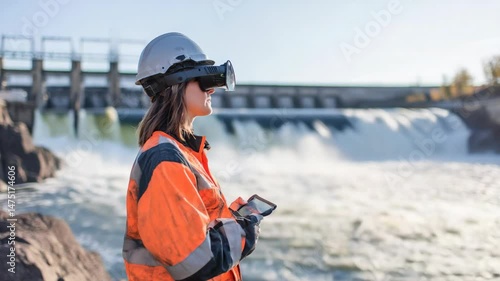 Woman in VR headset near dam.