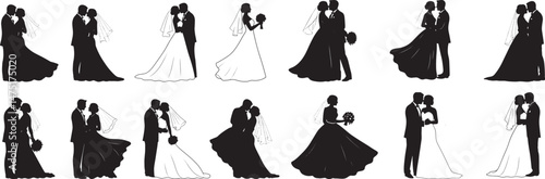Romantic Wedding Couple Silhouette: A Beautiful Bride and Groom Embrace in a Loving Pose, Capturing the Joy and Romance of Marriage, Perfect for Wedding Invitations, Celebrations, and “Just Married”