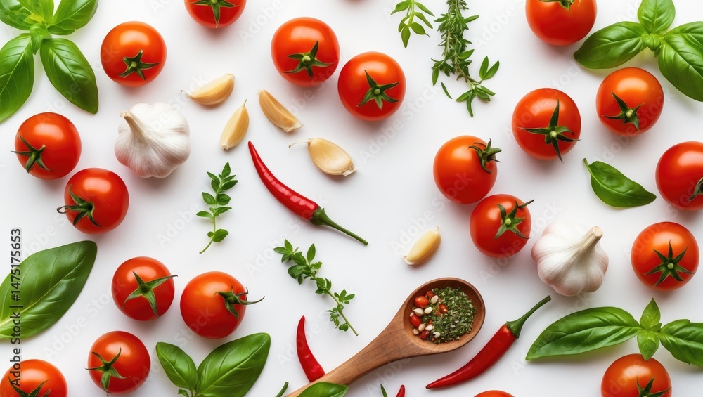 Vibrant cherry tomatoes, basil, garlic, and seasoning spices on white background banner
