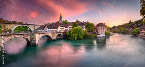 Bern, Switzerland. Panoramic cityscape image of the capital city of Switzerland, Bern at beautiful spring sunset.
