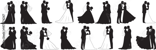 Romantic Wedding Couple Silhouette: A Beautiful Bride and Groom Embrace in a Loving Pose, Capturing the Joy and Romance of Marriage, Perfect for Wedding Invitations, Celebrations, and “Just Married”