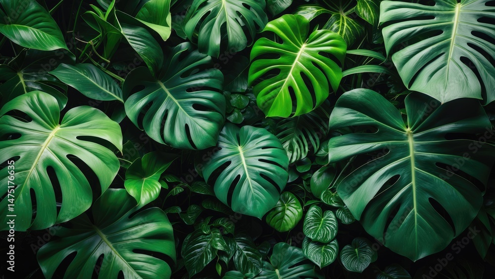 Green monstera foliage texture ideal for nature-themed background - overhead view Green monstera foliage texture ideal for nature-themed background - overhead view