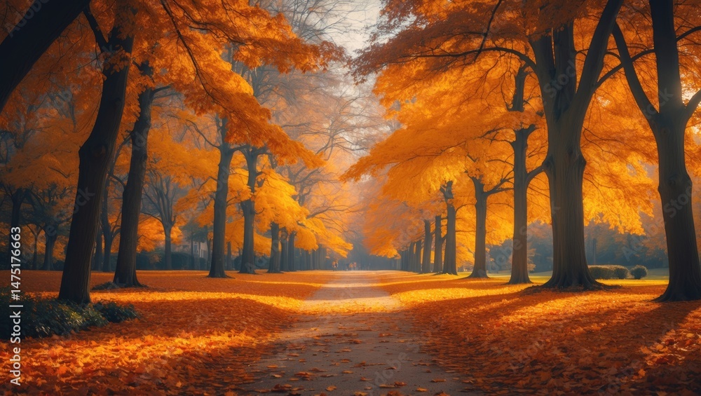 Fototapeta premium Colorful Autumn Nature View with Pathway and Falling Leaves in a Tranquil Park