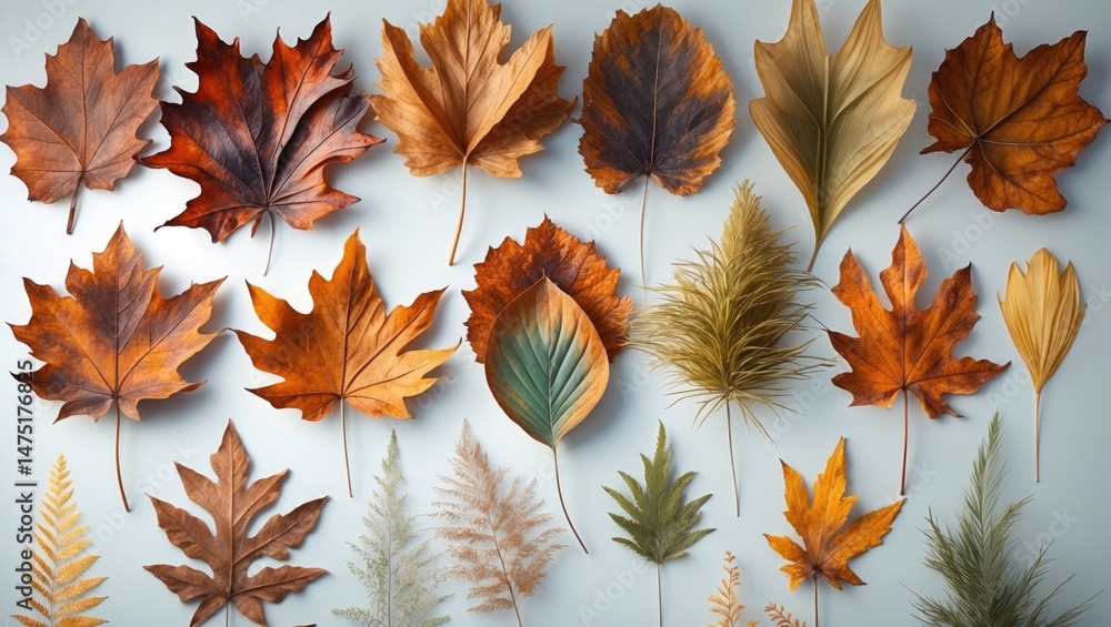 Fototapeta premium Collection of dead and dry leaves from autumn displayed on a background