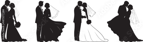 Romantic Wedding Couple Silhouette: A Beautiful Bride and Groom Embrace in a Loving Pose, Capturing the Joy and Romance of Marriage, Perfect for Wedding Invitations, Celebrations, and “Just Married”