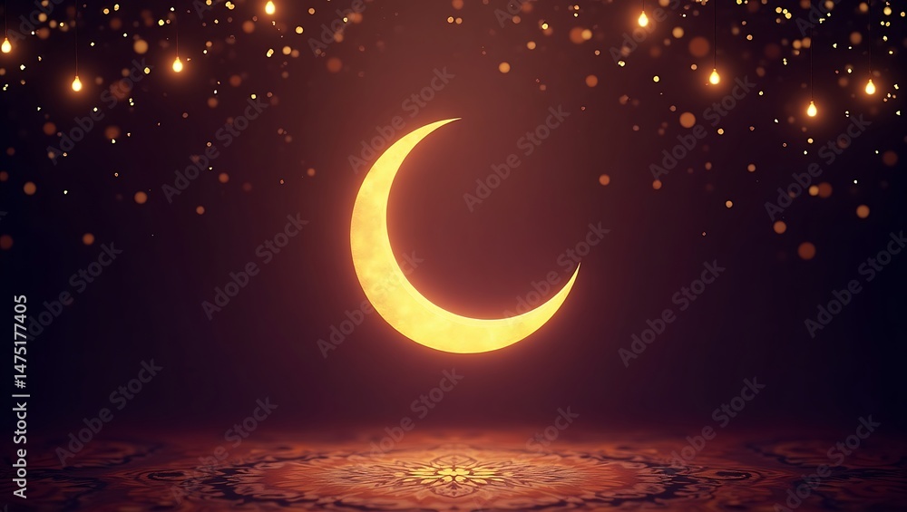 Fototapeta premium Eid Mubarak background with golden crescent moon, soft glowing lights, elegant Islamic pattern, deep purple and gold color theme. Generative Ai.