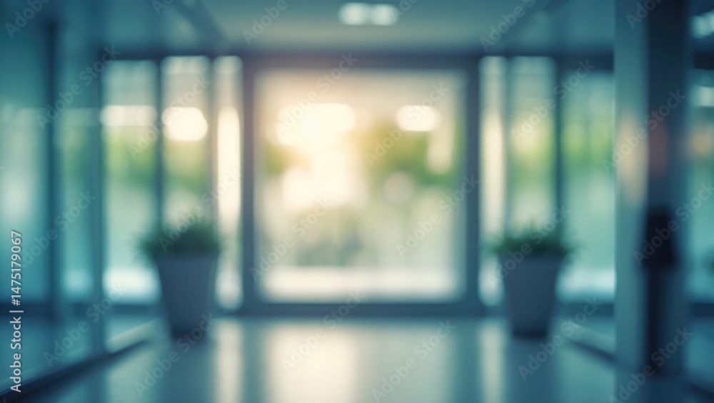 Fototapeta premium Modern business center corridor with out-of-focus background and entrance perspective