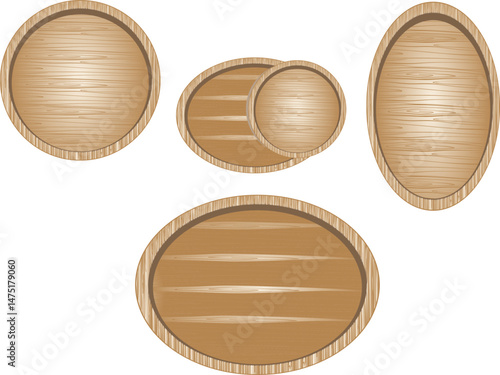 The image shows a set of five wooden trays, each with a circular or oval shape, varying in size.