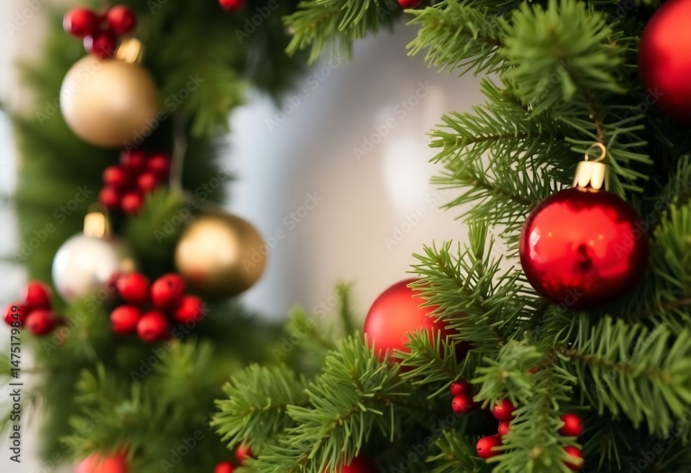 close up of a christmas wreath with ornaments close up of a christmas wreath with ornaments