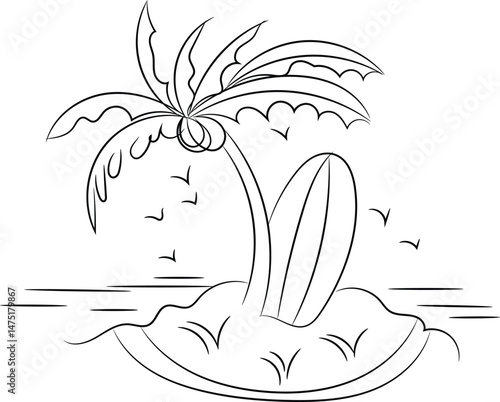 Tropical Island Line Art Illustration with Palm Tree and Surfboard