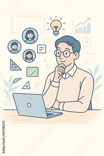 Creative business brainstorming session office environment digital illustration collaborative ideas strategic planning