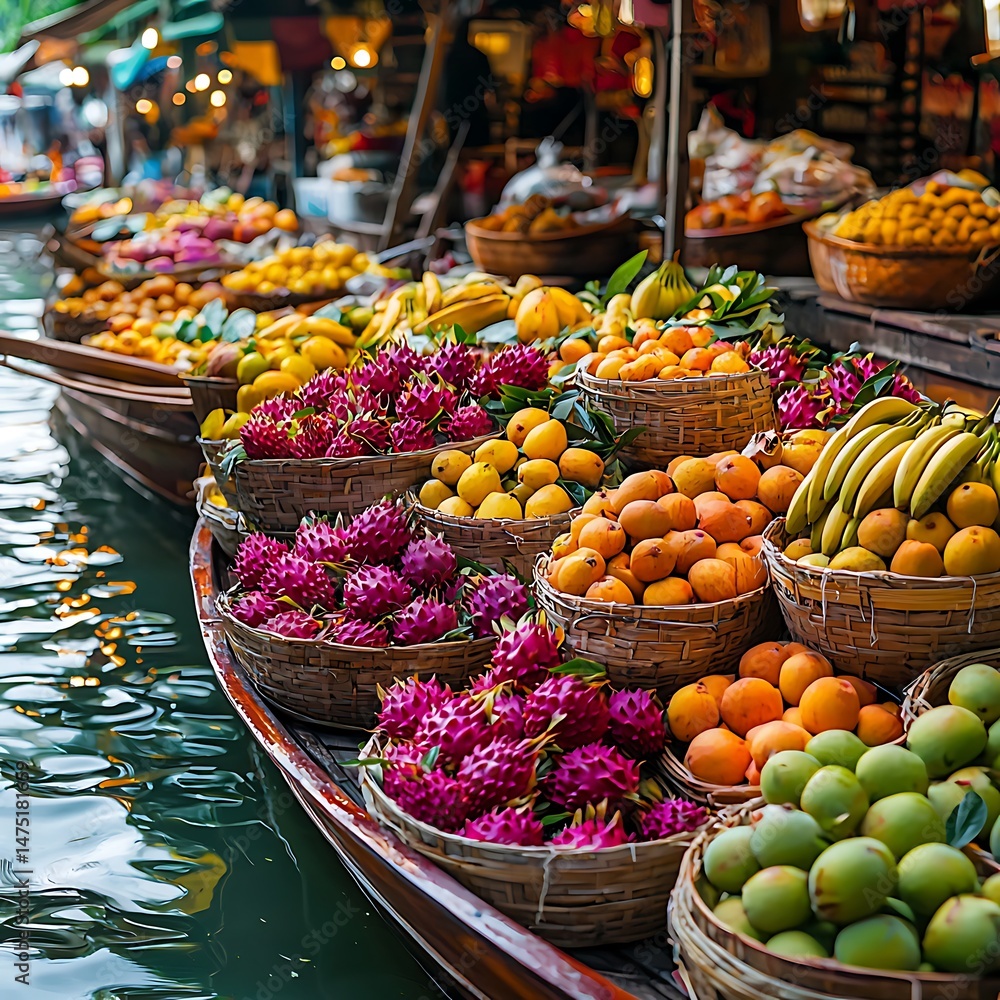 Obraz premium Authentic Thai floating fruit vendor setup high resolution picture