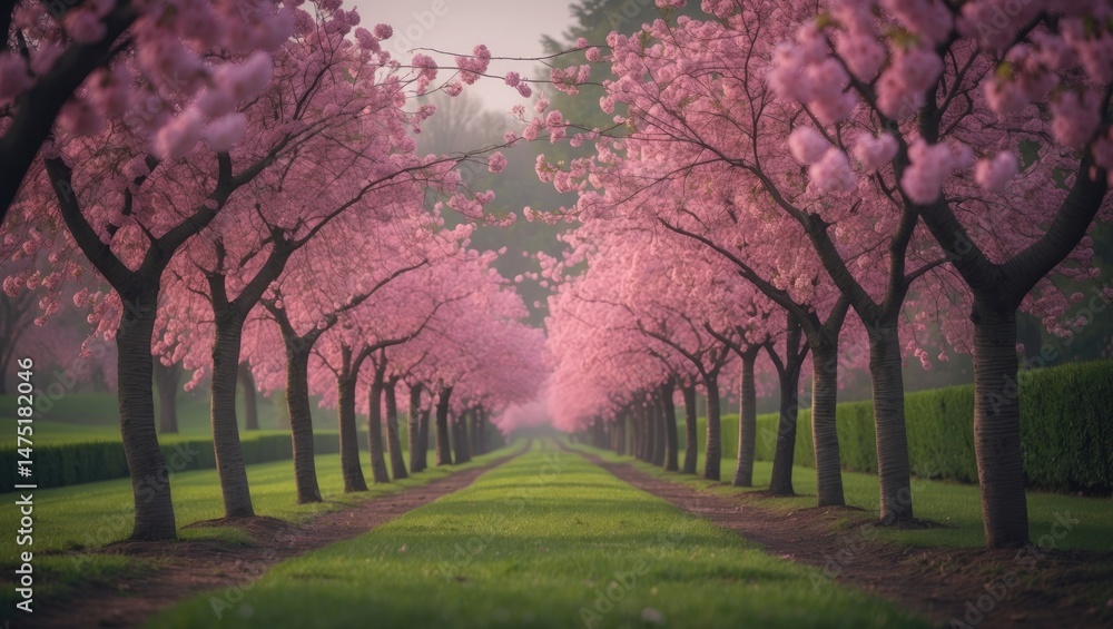 Naklejka premium Embellished garden showcasing cherry blossoms on a grassy area