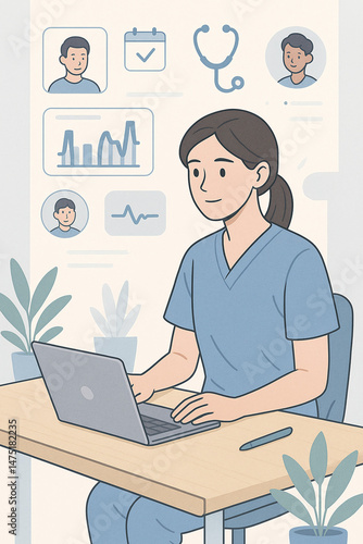 Healthcare professional using laptop to monitor patient data in a bright office setting