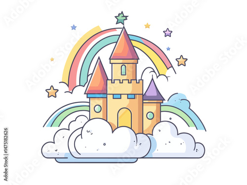 In this imaginative illustration, a majestic castle is nestled upon a soft, white cloud, accompanied by a brilliant rainbow and glittering stars, conjuring up emotions of magic and fascination