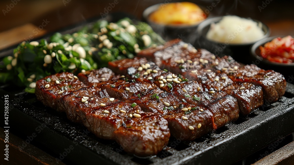 Grilled meat squares served with spinach and sides, atop a cast-iron grill Grilled meat squares served with spinach and sides, atop a cast-iron grill