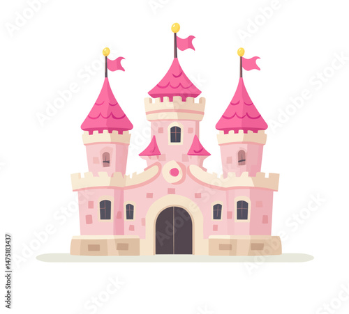 The Princess Castle Illustration showcases a beautiful, modern fairy castle in pink, situated within a medieval setting of magic and fortresses, including a grand royal palace