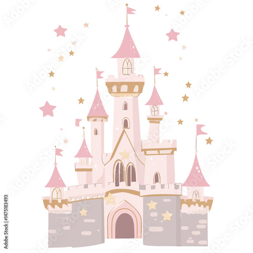 A cute fairy tale princess castle, baby print, is depicted in a simple cartoon flat illustration on a transparent PNG background