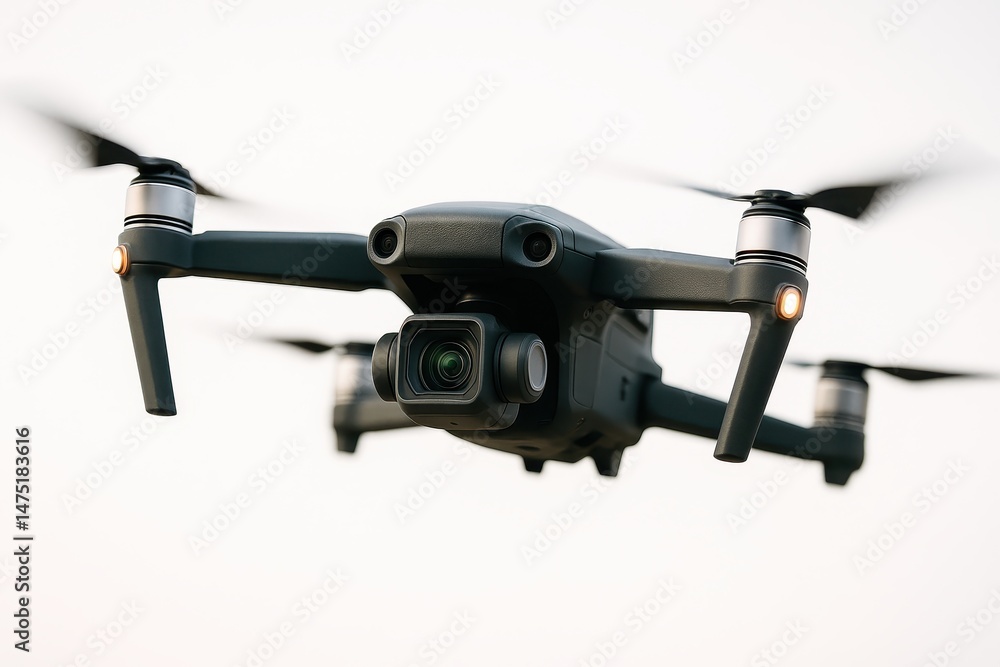 A brand new dark grey quadcopter drone equipped with a digital camera and sensors is flying in isolation on a white background